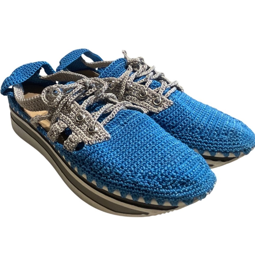 Crochet Platform Sneakers Womens 5.5 Blue Knit Lace Up Chunky‎ Boho Shoes